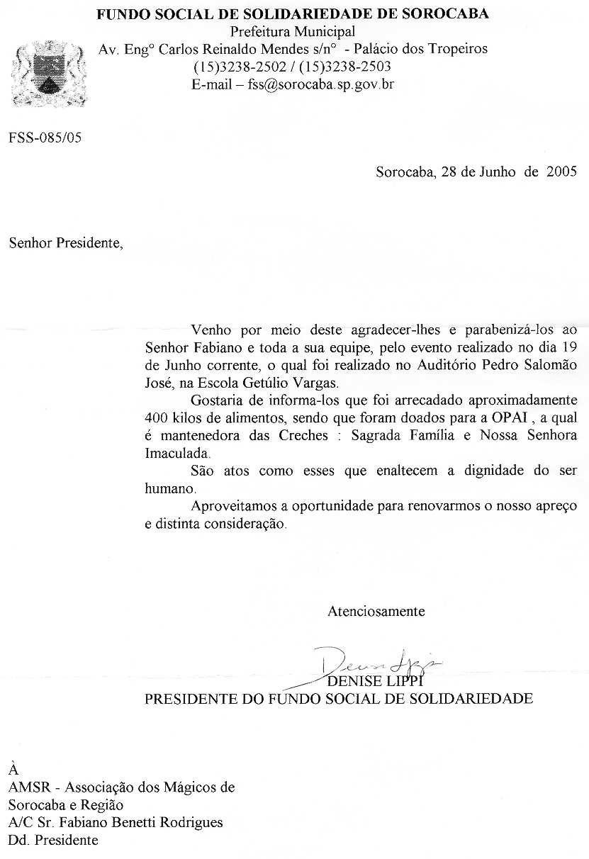 Carta de agradecimento da Presidente do Fundo Social de Solidariedade de Sorocaba - Dra. Denise Lippi