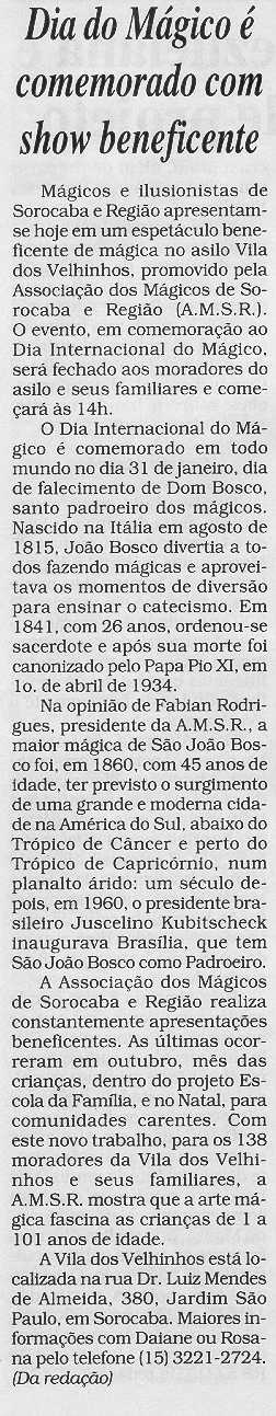 Matria publicada em 30/01/2005 no caderno Mais Cruzeiro, pgina B-3